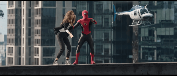 Spider-Man and MJ atop a bridge while running from authorities.