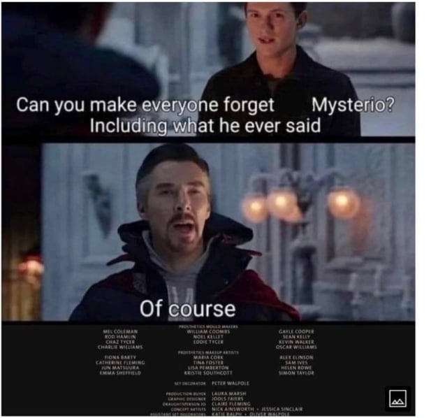 Meme: If Parker asked Strange to make the world forget about Mysterio and what he said, the end credits could roll.